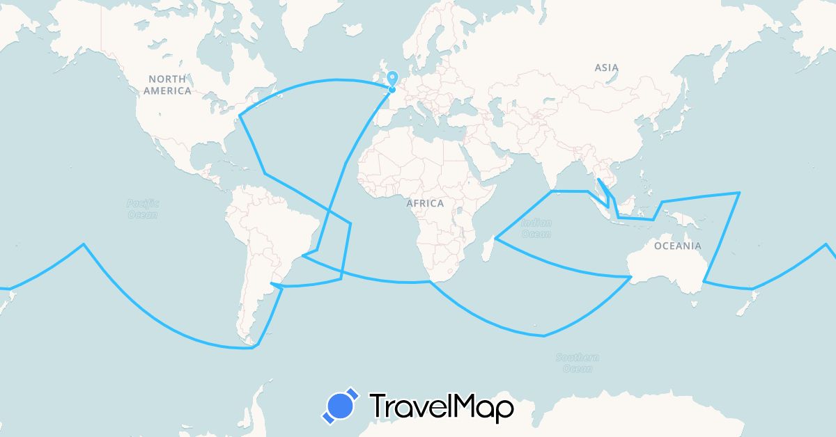 TravelMap itinerary: driving, boat in Argentina, Australia, Brazil, France, Guadeloupe, Indonesia, India, Madagascar, Marshall Islands, New Zealand, French Polynesia, Thailand, United States, South Africa (Africa, Asia, Europe, North America, Oceania, South America)